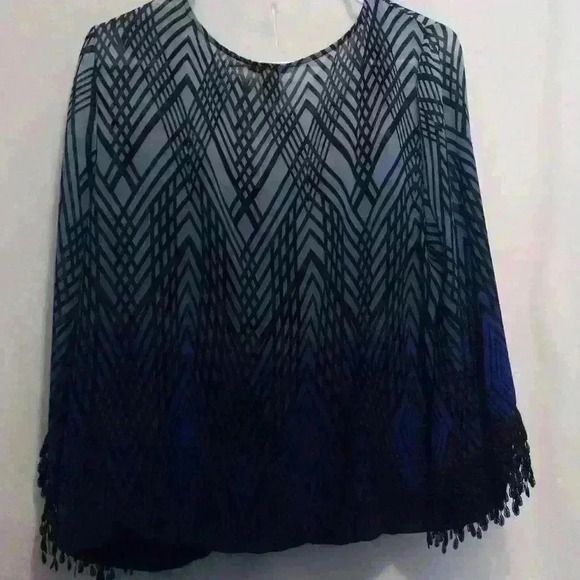 Alfani blouse blue black geo print tasseled sleeve size PL - Picture 5 of 7